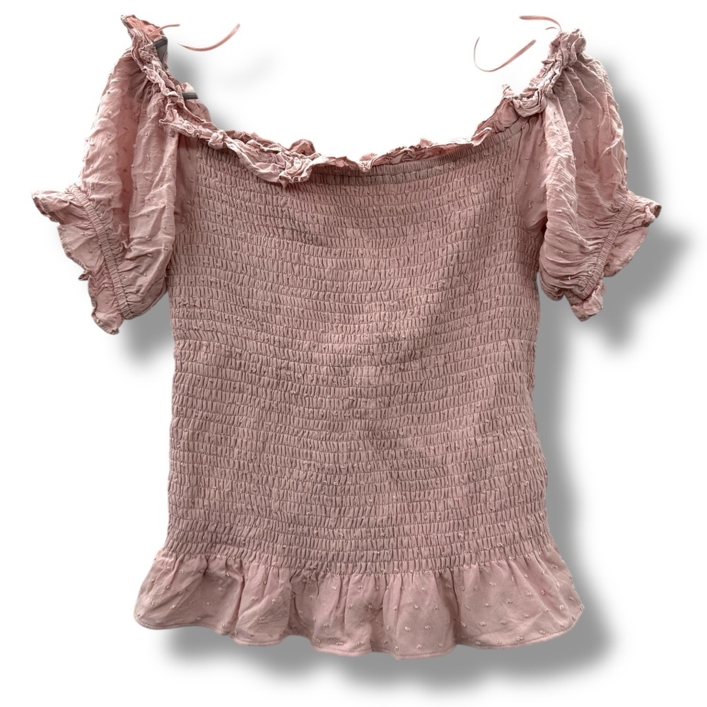 Express Light Pink Smocked Swiss‎ Dot Ruffle Off Shoulder Top Sz S